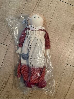 Handmade Cloth Rag Doll with Red Dress and Cream Apron